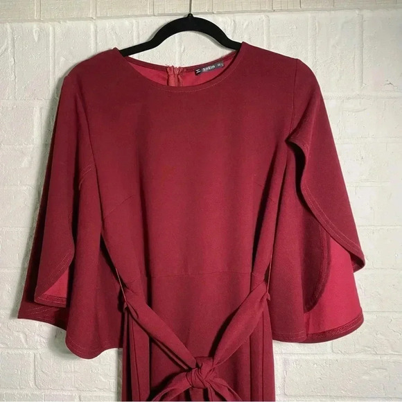 SHEIN Bodycon Dress Size Large Cape Sleeve Red Burgundy Cloth Waist Tie Date - Picture 10 of 12